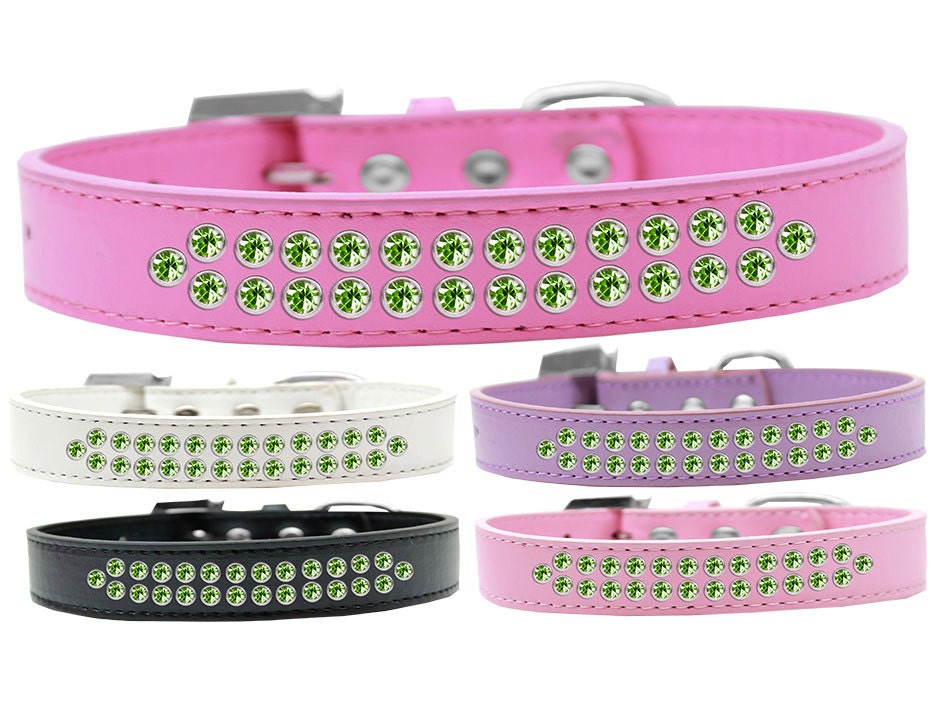 Stylish lime green crystal dog collar with faux leather and crystal buckle, designed for pets.