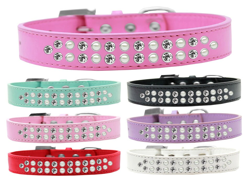 Elegant dog collar featuring two rows of pearl and clear crystal stones on a faux leather base.