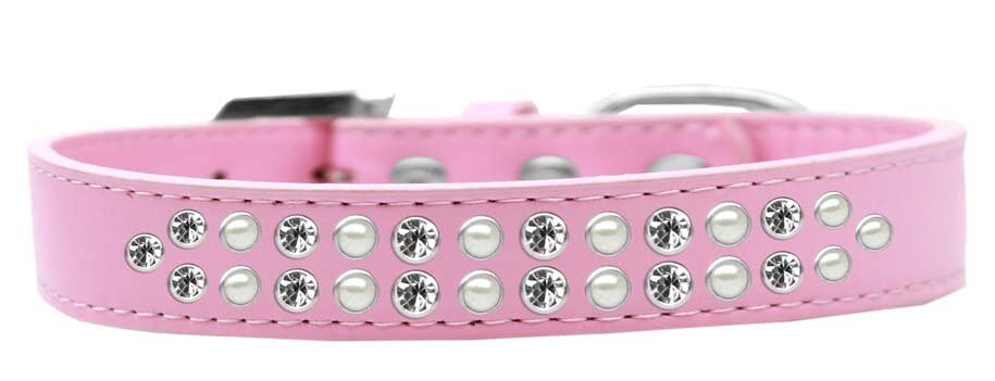Elegant dog collar featuring two rows of pearl and clear crystal stones on a faux leather base.