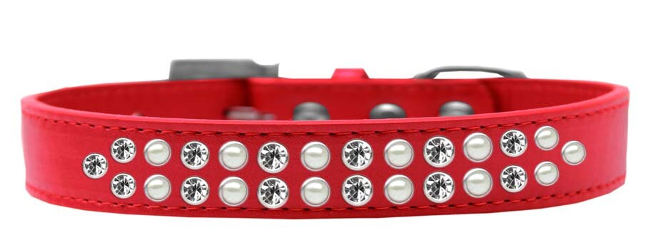 Elegant dog collar featuring two rows of pearl and clear crystal stones on a faux leather base.