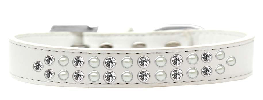Elegant dog collar featuring two rows of pearl and clear crystal stones on a faux leather base.