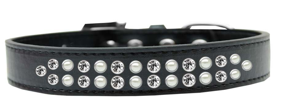 Elegant dog collar featuring two rows of pearl and clear crystal stones on a faux leather base.