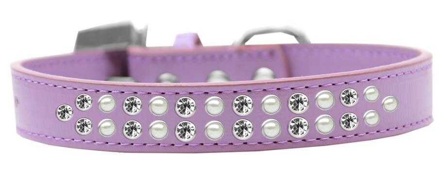 Elegant dog collar featuring two rows of pearl and clear crystal stones on a faux leather base.