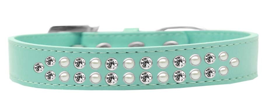 Elegant dog collar featuring two rows of pearl and clear crystal stones on a faux leather base.