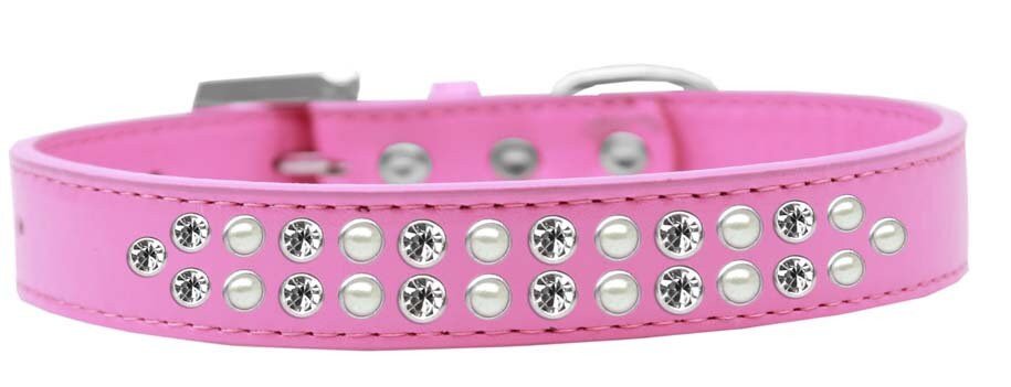 Elegant dog collar featuring two rows of pearl and clear crystal stones on a faux leather base.