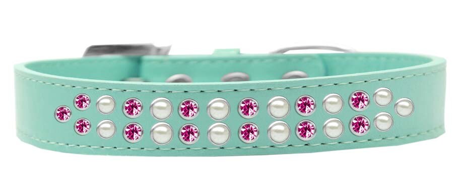 Stylish faux leather dog collar adorned with pearl and pink crystals, featuring a crystal buckle.