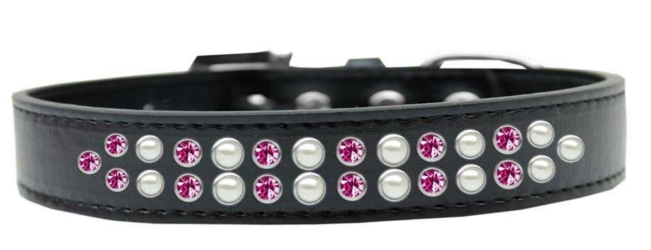 Stylish faux leather dog collar adorned with pearl and pink crystals, featuring a crystal buckle.