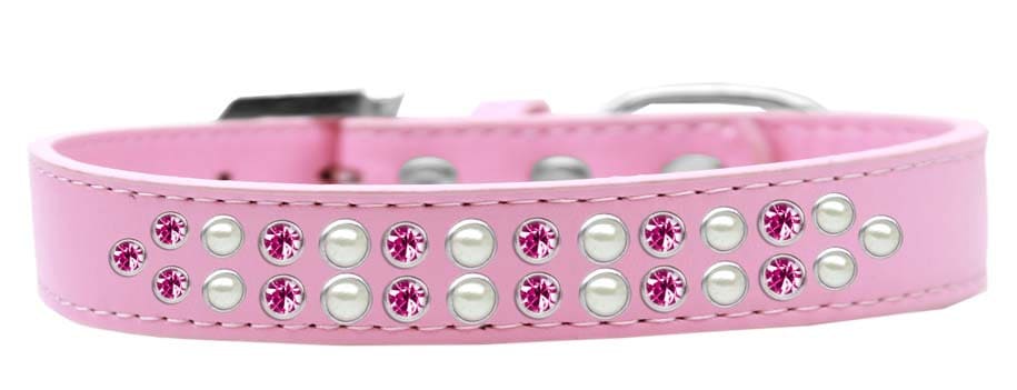 Stylish faux leather dog collar adorned with pearl and pink crystals, featuring a crystal buckle.