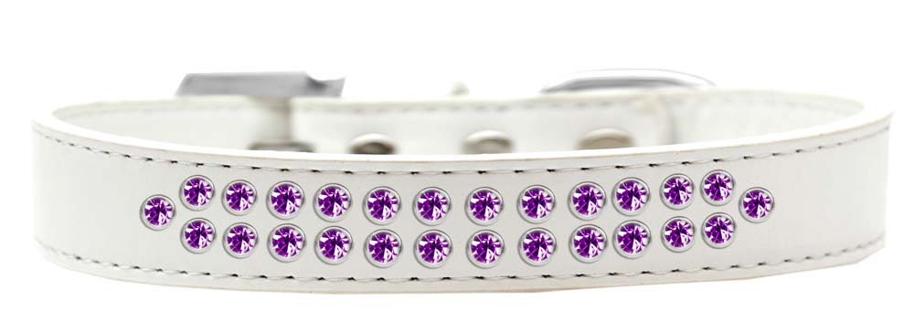Stylish dog collar featuring two rows of purple crystals on a faux leather base, complete with a crystal buckle.