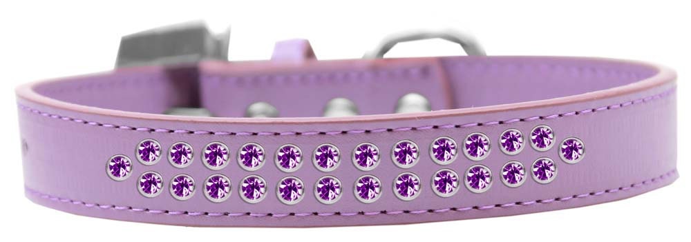 Stylish dog collar featuring two rows of purple crystals on a faux leather base, complete with a crystal buckle.