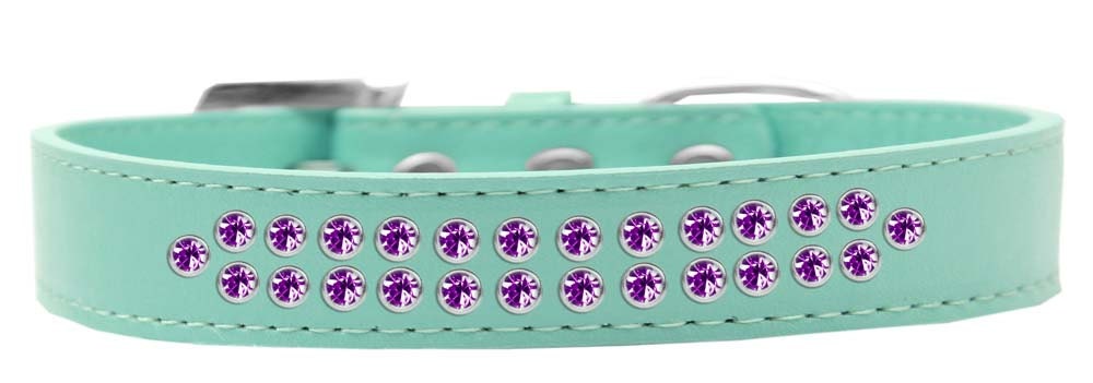 Stylish dog collar featuring two rows of purple crystals on a faux leather base, complete with a crystal buckle.