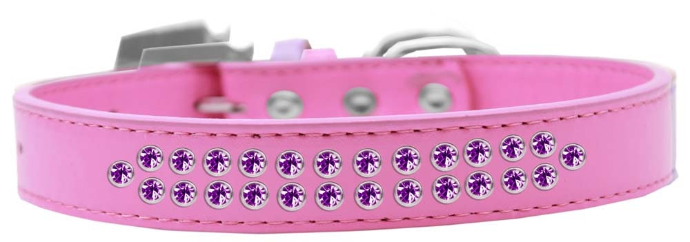 Stylish dog collar featuring two rows of purple crystals on a faux leather base, complete with a crystal buckle.