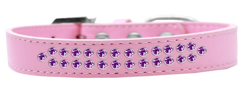 Stylish dog collar featuring two rows of purple crystals on a faux leather base, complete with a crystal buckle.