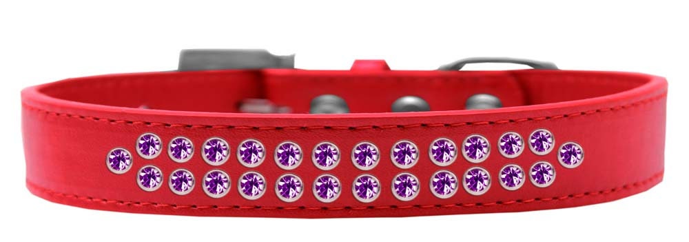 Stylish dog collar featuring two rows of purple crystals on a faux leather base, complete with a crystal buckle.