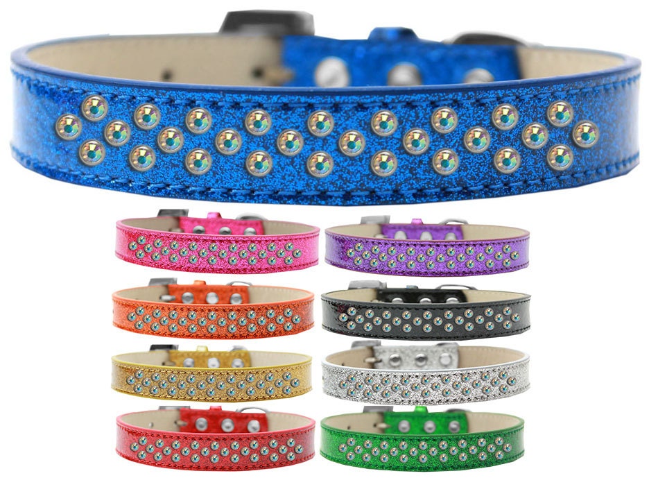 Aurora Borealis Crystal Ice Cream Dog Collar featuring pearl and crystal stones on a soft leather base, designed for elegance and comfort.