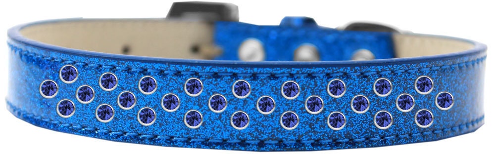 A stylish dog collar featuring blue crystal rimsets and pearl sprinkles, designed for elegance and comfort.