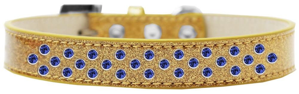 A stylish dog collar featuring blue crystal rimsets and pearl sprinkles, designed for elegance and comfort.