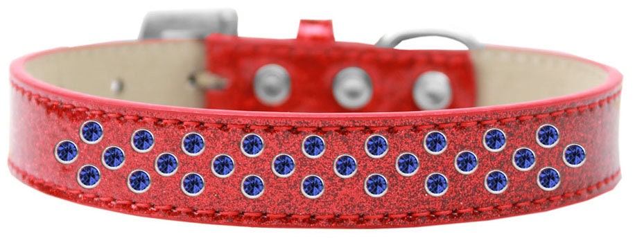 A stylish dog collar featuring blue crystal rimsets and pearl sprinkles, designed for elegance and comfort.