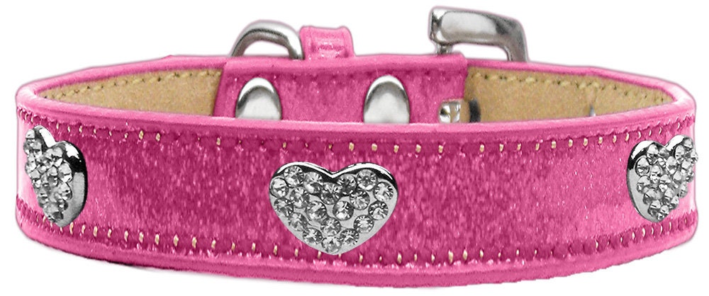 A stylish dog collar featuring clear crystal hearts on an ice cream-themed design, perfect for pets who love elegance.