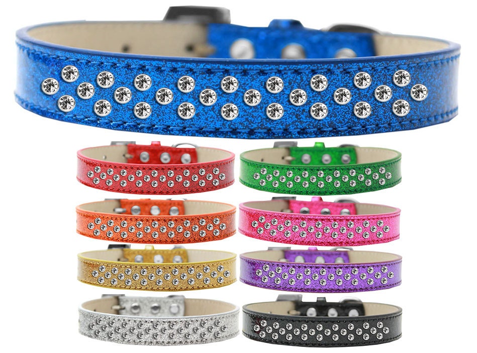 Elegant dog collar with clear crystal and pearl sprinkles, designed for pets, showcasing a soft leather material.