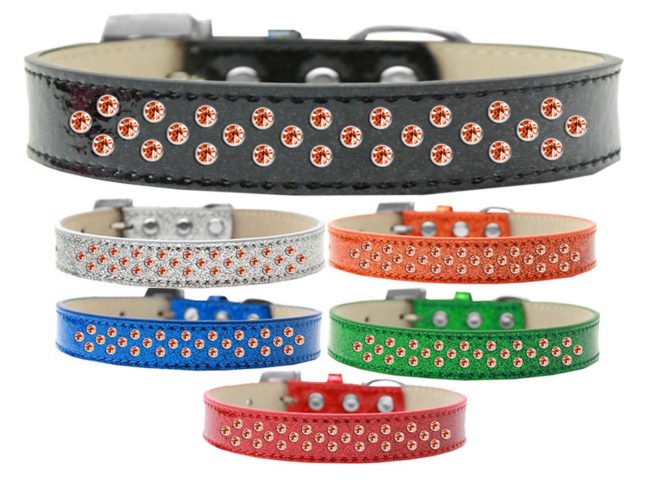 Orange Crystal Rimsets Sprinkles dog collar featuring three rows of sparkling crystals and pearls on soft leather.