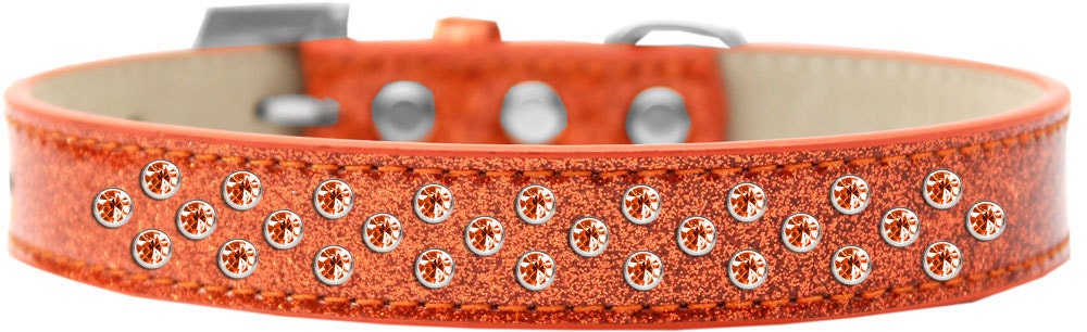 Orange Crystal Rimsets Sprinkles dog collar featuring three rows of sparkling crystals and pearls on soft leather.