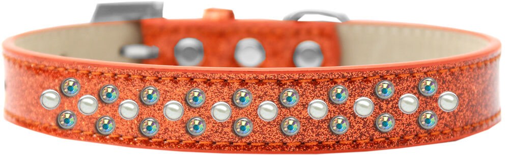 A stylish dog collar adorned with pearl and Aurora Borealis crystals, featuring three rows of sparkling stones on a soft glittery background.