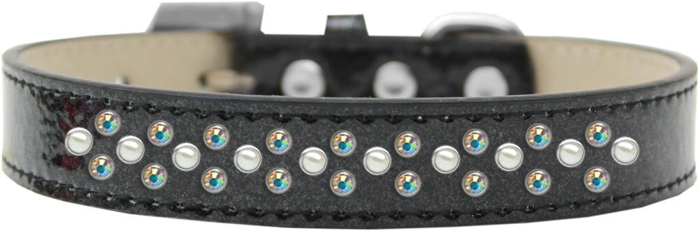 A stylish dog collar adorned with pearl and Aurora Borealis crystals, featuring three rows of sparkling stones on a soft glittery background.