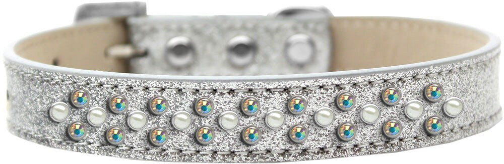 A stylish dog collar adorned with pearl and Aurora Borealis crystals, featuring three rows of sparkling stones on a soft glittery background.