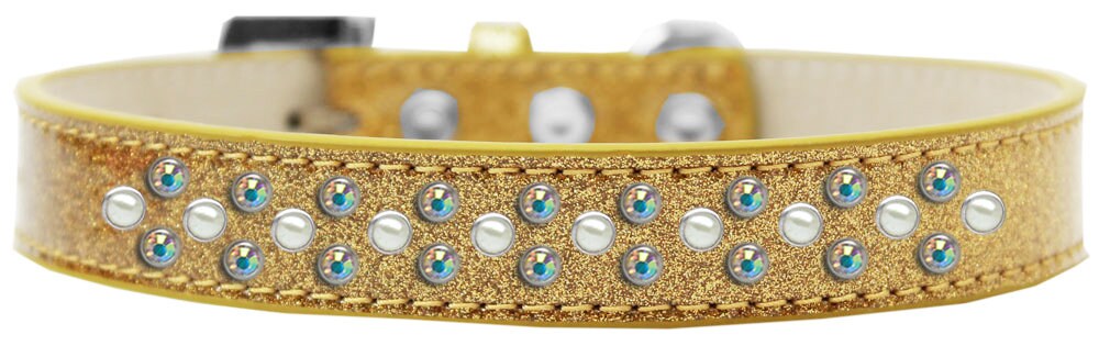 A stylish dog collar adorned with pearl and Aurora Borealis crystals, featuring three rows of sparkling stones on a soft glittery background.