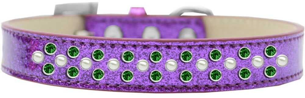 A luxurious dog collar adorned with pearl and emerald green crystals, featuring three sparkling rows and a soft glittery finish.