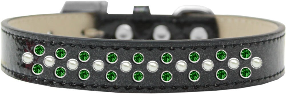 A luxurious dog collar adorned with pearl and emerald green crystals, featuring three sparkling rows and a soft glittery finish.