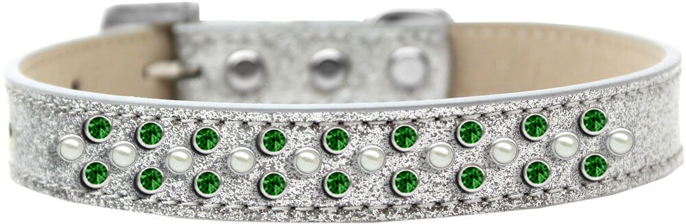 A luxurious dog collar adorned with pearl and emerald green crystals, featuring three sparkling rows and a soft glittery finish.