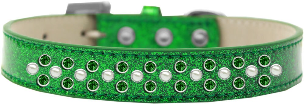 A luxurious dog collar adorned with pearl and emerald green crystals, featuring three sparkling rows and a soft glittery finish.
