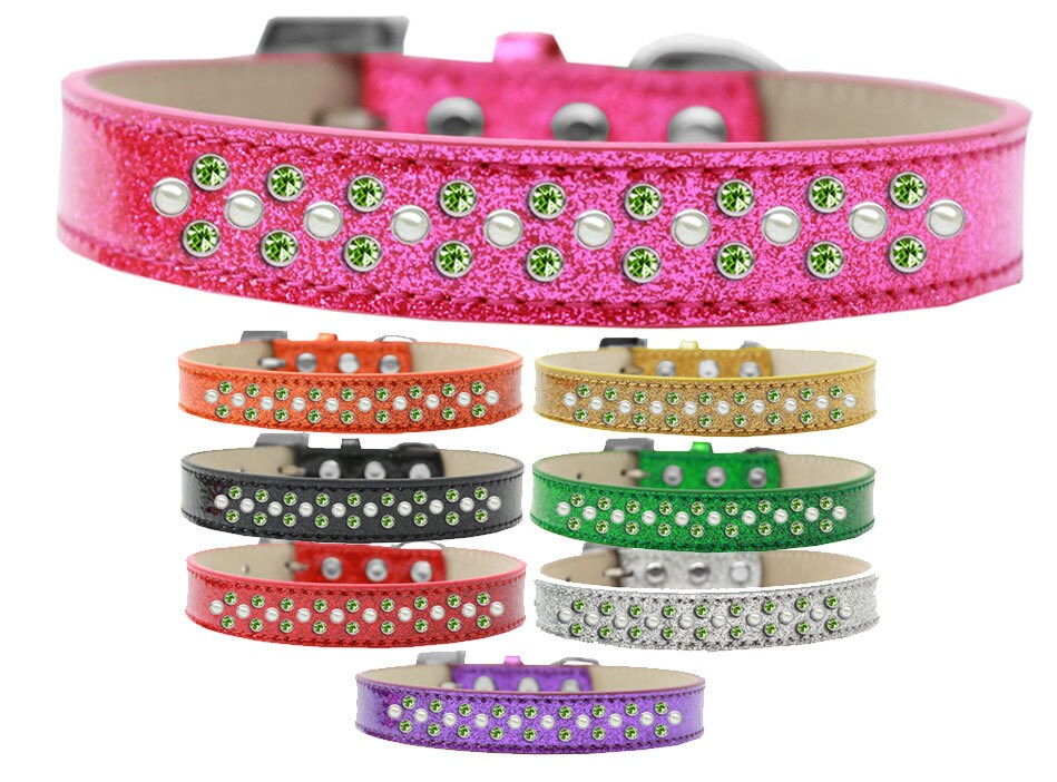 A stylish dog collar featuring pearl and lime green crystals, designed for pets with elegance and comfort in mind.