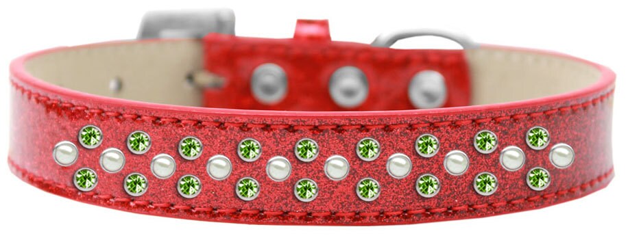 A stylish dog collar featuring pearl and lime green crystals, designed for pets with elegance and comfort in mind.