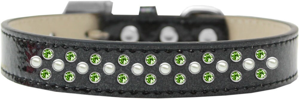 A stylish dog collar featuring pearl and lime green crystals, designed for pets with elegance and comfort in mind.