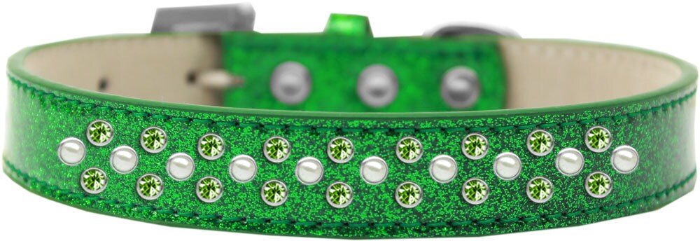 A stylish dog collar featuring pearl and lime green crystals, designed for pets with elegance and comfort in mind.