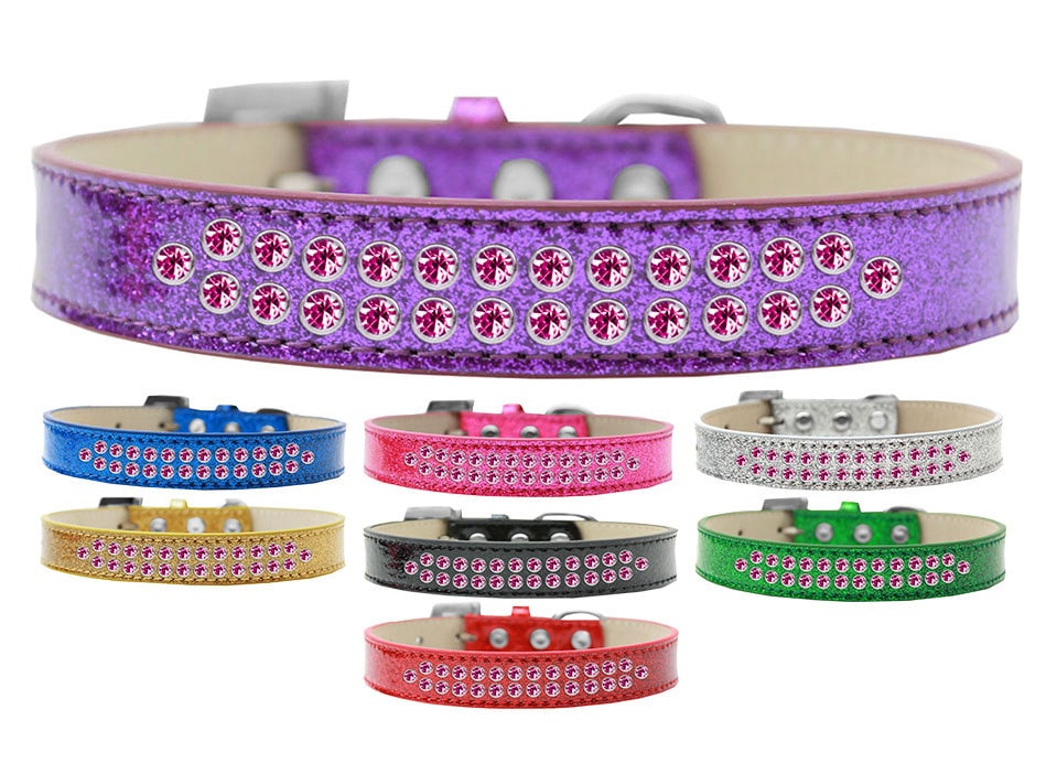 Bright pink crystal dog collar with two rows of sparkling crystals and a crystal buckle, made from soft leather.