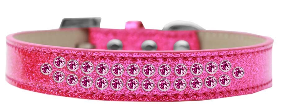 Bright pink crystal dog collar with two rows of sparkling crystals and a crystal buckle, made from soft leather.