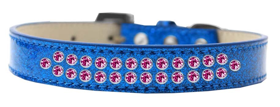 Bright pink crystal dog collar with two rows of sparkling crystals and a crystal buckle, made from soft leather.