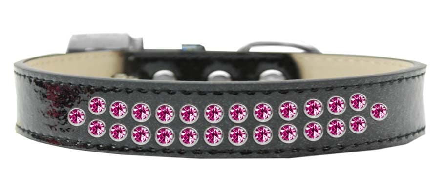 Bright pink crystal dog collar with two rows of sparkling crystals and a crystal buckle, made from soft leather.