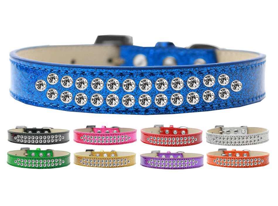 Elegant Dog Ice Cream Collar with two rows of clear crystals, made from soft leather, showcasing a crystal buckle.