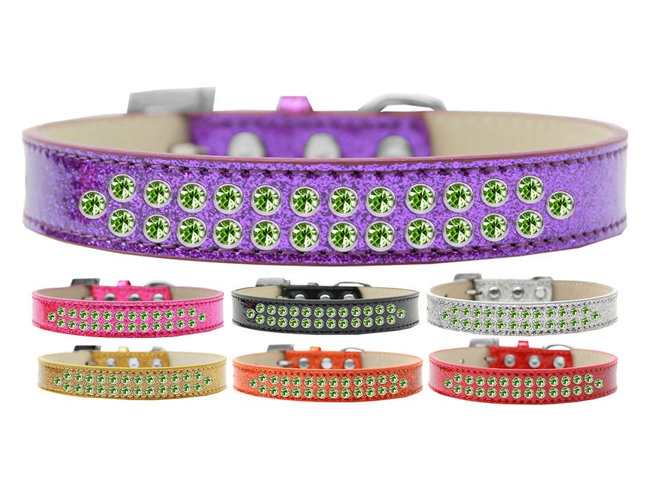 A luxurious lime green crystal dog collar made of soft leather, featuring two rows of sparkling crystals and a crystal buckle.