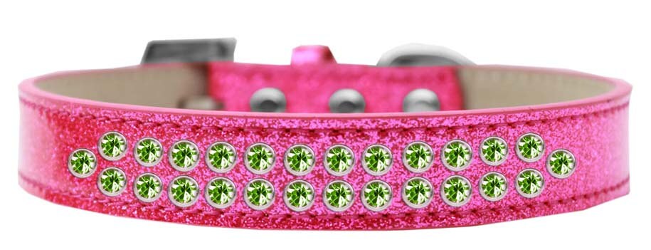A luxurious lime green crystal dog collar made of soft leather, featuring two rows of sparkling crystals and a crystal buckle.