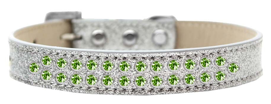 A luxurious lime green crystal dog collar made of soft leather, featuring two rows of sparkling crystals and a crystal buckle.