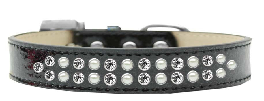 A stylish dog collar featuring two rows of alternating pearl and clear crystal stones, made from soft leather, perfect for pets.