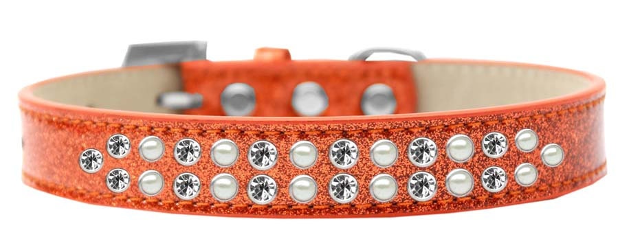 A stylish dog collar featuring two rows of alternating pearl and clear crystal stones, made from soft leather, perfect for pets.