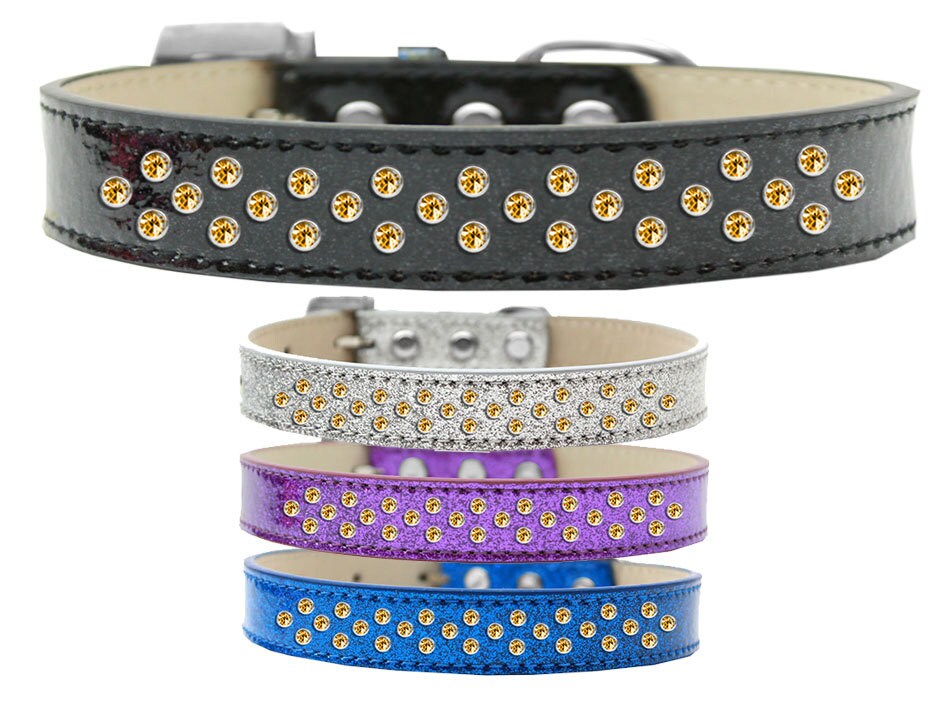Yellow Crystal Rimsets Sprinkles Dog Collar featuring three rows of pearl and crystal stones, designed for elegance and comfort.