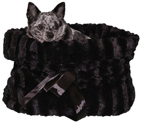 Reversible Snuggle Bugs Pet Bed in black on black, featuring a cozy design with a matching blanket and cushion for small pets.